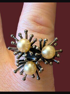 Vintage Olin Oxidized Sterling Modernist Faux Pearl Size 5 Adjustable Ring